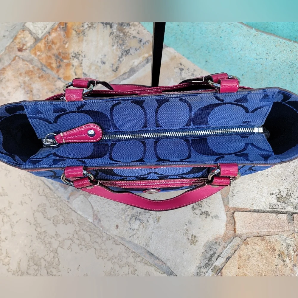 Coach Navy And Fuchia Laura Signature Monogram Jacquard Tote - Picture 14 of 16